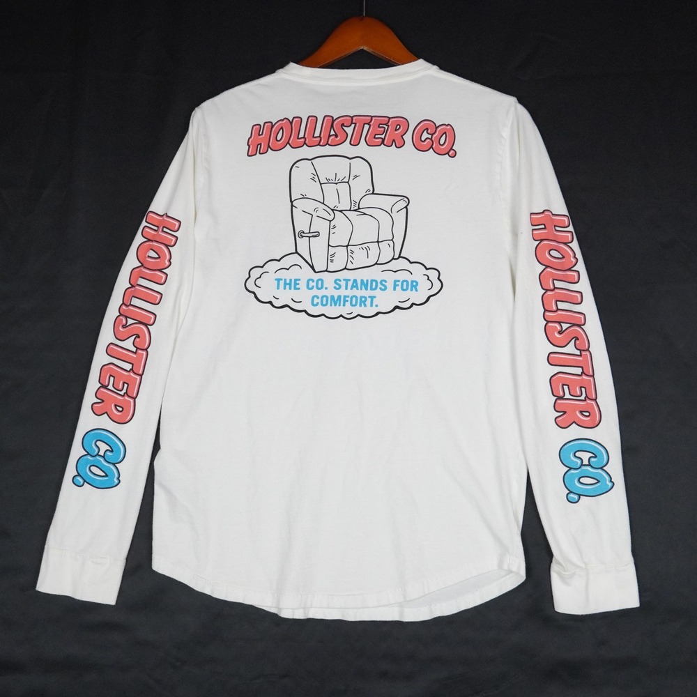 Hollister Graphic Shirt Mens M White Long Sleeve Comfort Recliner Cotton Blend